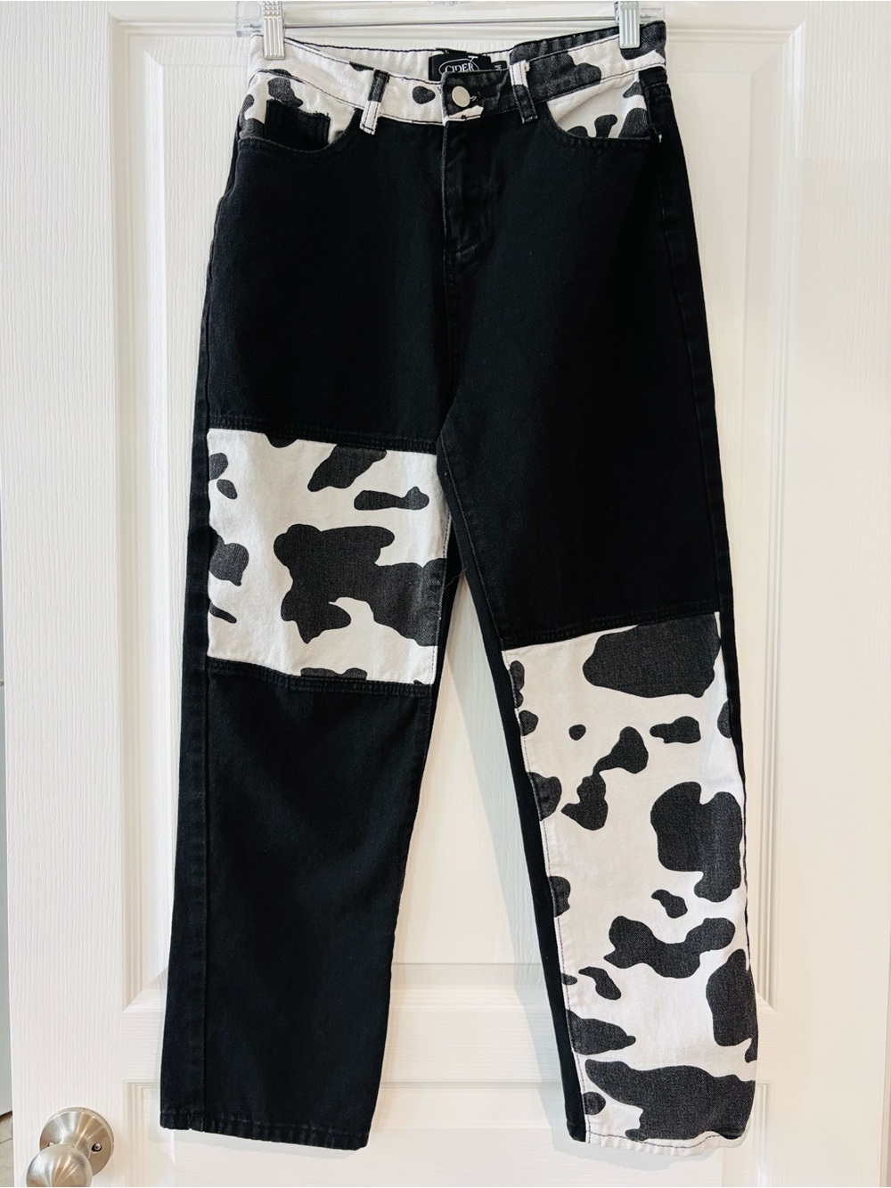 Cider Black & White Cowprint Patchwork Straight-Leg Jeans